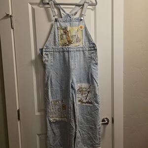 Up Cycled Light Wash Denim Overalls with Whimsical Patch Art